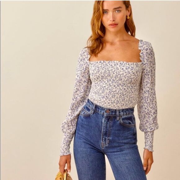 Reformation Pinto Top White Blue Blouse Long Sleeve Floral Size S - Picture 4 of 8